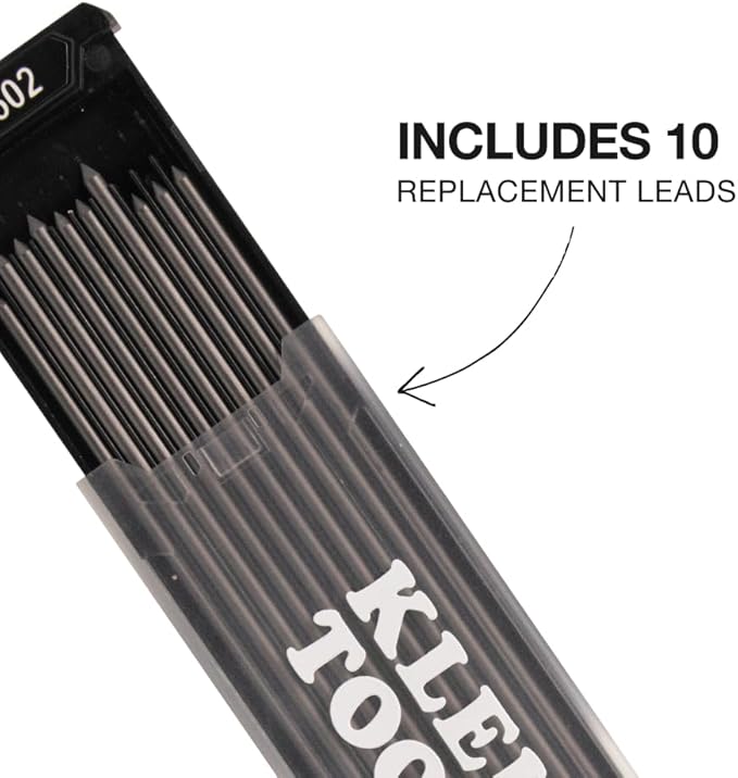 KLEIN TOOLS 80188 Skribes 2.8 mm Mechanical Carpenter Pencil with Built-In Sharpener and 10-Pack Graphite Lead Refills, for Deep Hole Marking for Woodworking and Construction