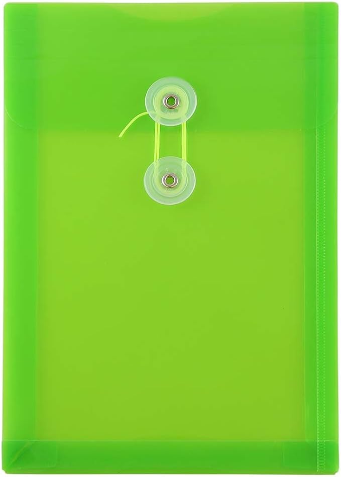 JAM PAPER Plastic Envelopes with Button & String Tie Closure - 6 1/4 x 9 1/4 - Lime Green - 12/Pack