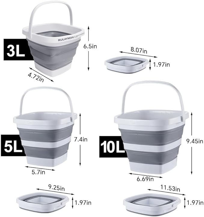2 Pack Collapsible Plastic Bucket with Handle 1.32 Gallon (5L) Each Foldable Rectangular Tub for Cleaning Camping Essentials Space Saving Outdoor Portable Bucket for Camping
