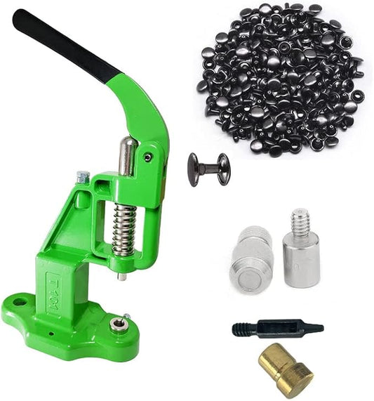 Hobby Trendy Hand Press with 1000 Sets of Iron 9mm Double Capped Rivets with Dies and Hole Punch(Green Press,Black Rivets)