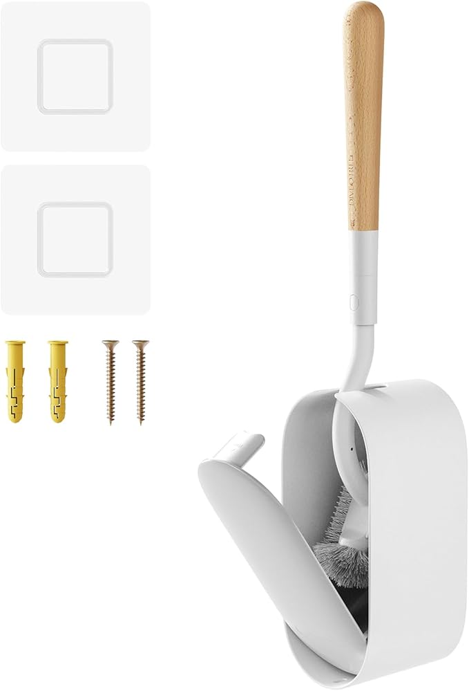 Toilet Brush and Holder, Diveotree Wooden Toilet Bowl Brush for Dead Corner Cleaning Wall Mounted Toilet Cleaner Brush for Bathroom Decor, Toilet Scrubber Brush for RV Bathroom (Round)