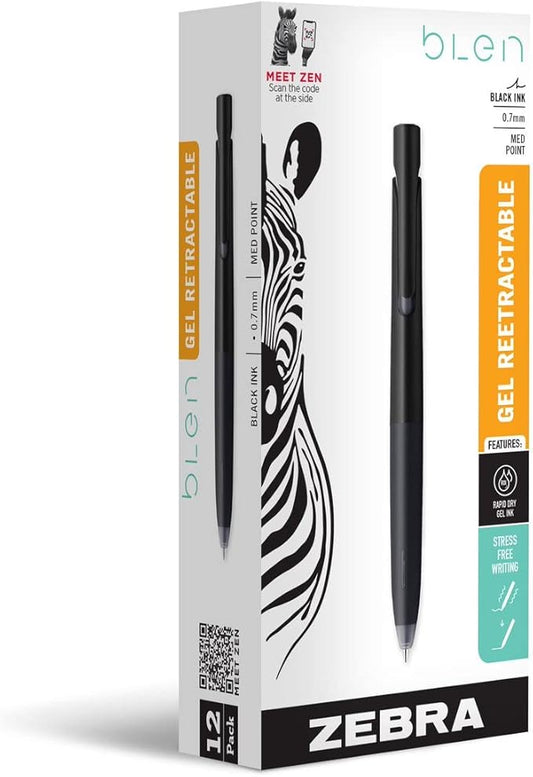 Zebra Pen bLen Retractable Gel Pen, Black Barrel, Medium Point, 0.7mm, Black Ink, (41410), 12 Count (Pack of 1)