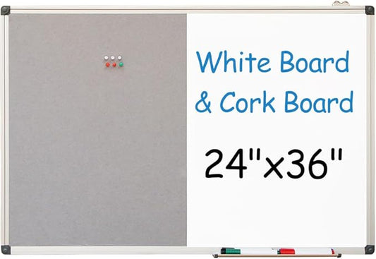 New PUTE White Board and Cork Board Combo - 36 x 24 Inches Large Dry Erase Whiteboard and Bulletin Board, Magnetic Wall Pin Display Board for Home, Classroom & Office, 24"x36" Grey
