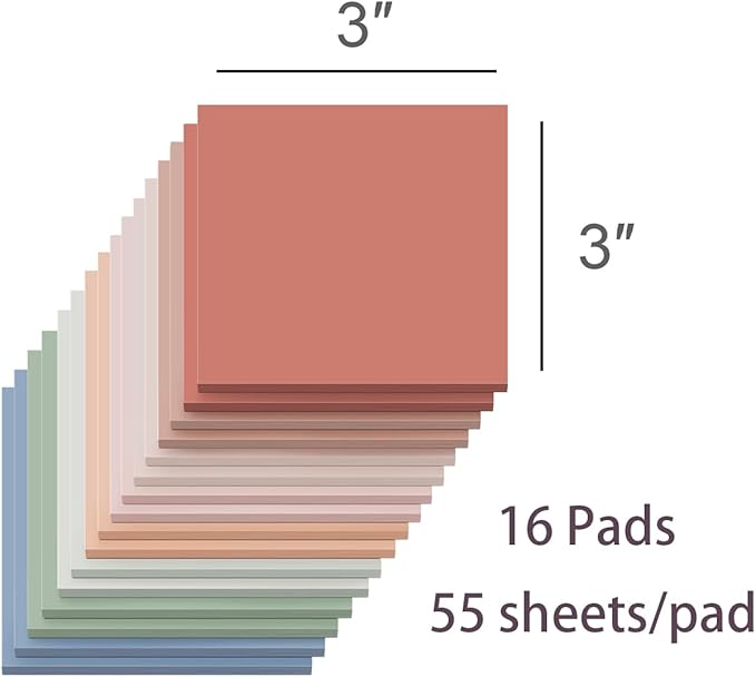 (16 Pack) Sticky Notes 3x3, Vintage Colors, Sticky Pads, Recyclable, Easy to Stick for Home, Office, Notebook
