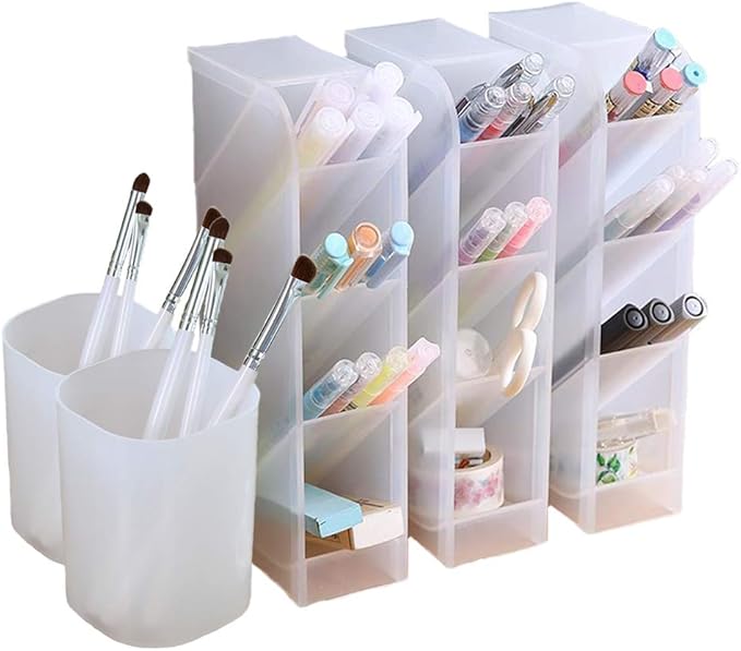 Marbrasse 5 Pcs Desk Organizer for Office, School, Home Supplies, Translucent White Pen Storage Holder, Set of 3, 2 Cups 14 Compartments (White)