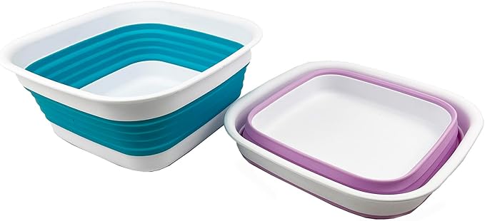 SAMMART 8L (2.1 Gallon) Collapsible Tub - Foldable Dish Tub - Portable Washing Basin - Space Saving Plastic Washtub (Ceramic Blue/Pale Purple(Set of 2))
