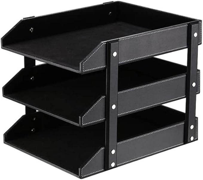 Leather Desk Organizer, NIFIVE Stackable Document Tray, Perfect Desktop Organization Holder for Files, Folder, Stationery, Magazine, Newspaper, Mail, Office Supplies (Black 3-Tier)