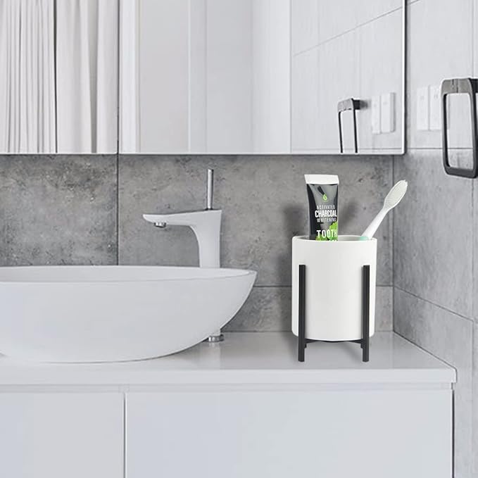 Durable Ceramic Pen Cup, Desk Ceramic Pencil Cup with Metal Legs, Black and White Pen Holder Cup for Office, Desk Decor for Women Girls