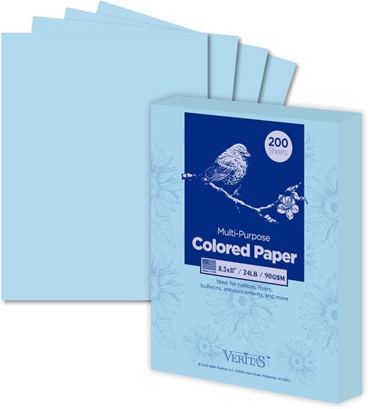Veritas Color Copy Paper,Multi-Purpose paper,Colored Printer Paper 8.5” x 11”, 24 lb / 90 GSM,Blue,200 Sheets (1 Reams)，Made in USA