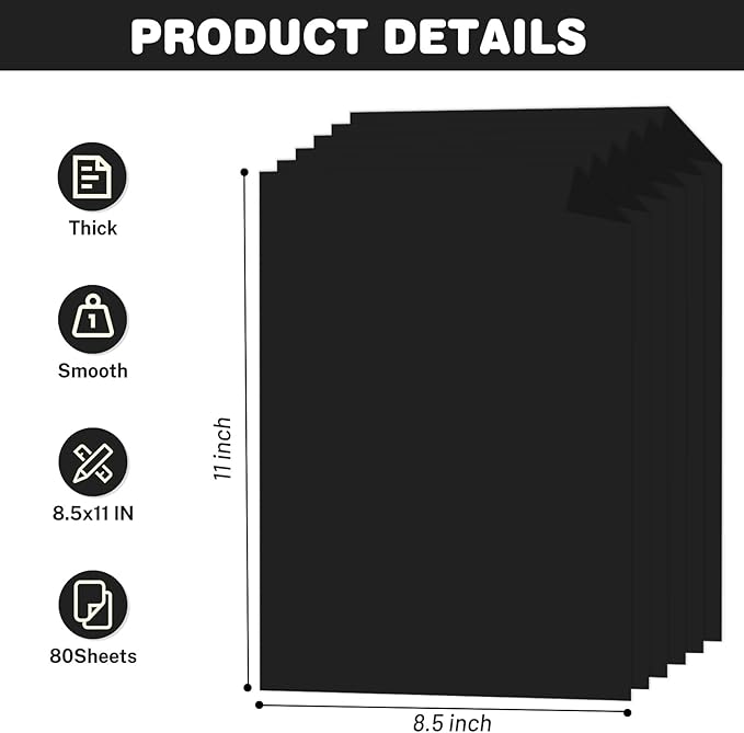 Cardstock 8.5 X 11, 80 Sheets Black Card Stock, 75lb/ 200gsm Copy Paper, Cardstock Printer Paper For Art, Drawing, Invitations, DIY Cards, Watercolor, Craft, Construction, School & Office Supplies