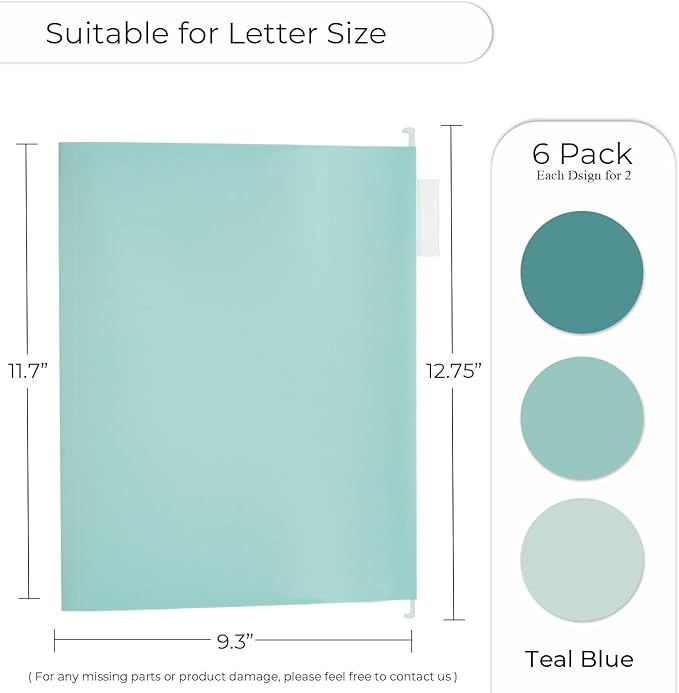 Y YOMA Letter Size - 6 Pack Extra Capacity Hanging File Folders Accordion Decorative Reinforced File Folder Cute Colored Expandable Folder for Office Home with 1/5-Cut Adjustable Tabs, Teal Blue