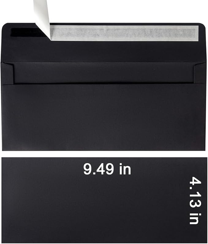 Wishop 50 Pack #10 Business Envelopes Self Seal 4x9 Standard Envelopes for Business, Invoices, Letter Mailing, 4 1/8 x 9 1/2 Inches (Black, 4.13 x 9.49)