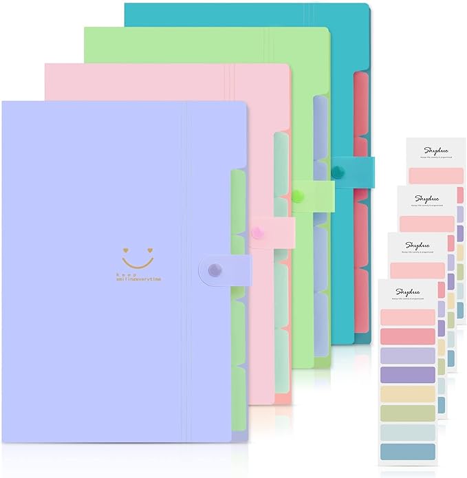 SKYDUE 4 Packs Expanding File Folder with 32 Labels,5 Pockets A4 Letter Size Accordion Folder Paper Organizer for School and Office