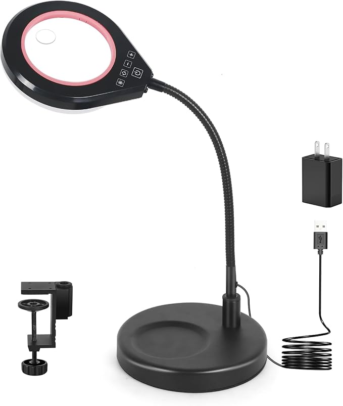Flexible Gooseneck 2-in-1 Magnifying Glass with Light and Stand,10x & 5x Real Glass Lens Magnifying Lamp, 5 Color Stepless Hands-Free LED Desk Lamp with Clamp for Painting, Crafts, Reading (Pink)