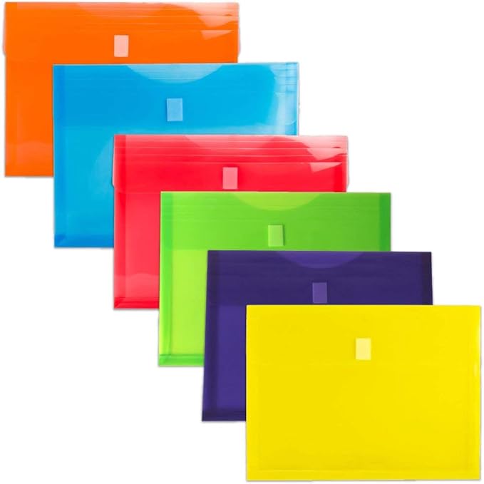 JAM PAPER Plastic Expansion Envelopes with Hook & Loop Closure - Letter Booklet - 9 3/4 x 13 with 1 Inch Expansion - Assorted Colors - 6/Pack