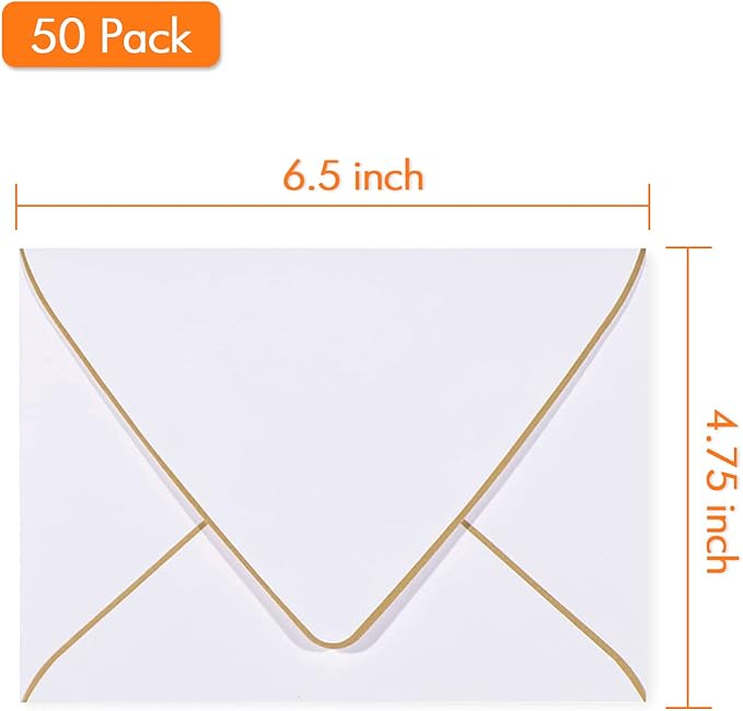 A6 White Envelopes 4 x 6 With Gold Border,- 50 Pack, Quick Self Seal, For 4x6 Cards| Perfect for Weddings, Invitations, Photos, Graduation, Baby Shower| 250GSM Luxury paper|5.25 x 7.25 Inches (White)
