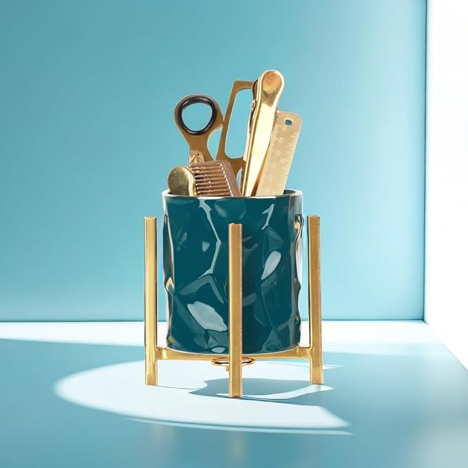 Gold pencil cup Sturdy metal frame with white ceramic pen holder For desks and kitchen appliance holders