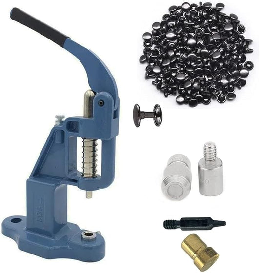 Hobby Trendy Hand Press with 1000 Sets of Iron 9mm Double Capped Rivets with Dies and Hole Punch(Blue Press,Black Rivets)