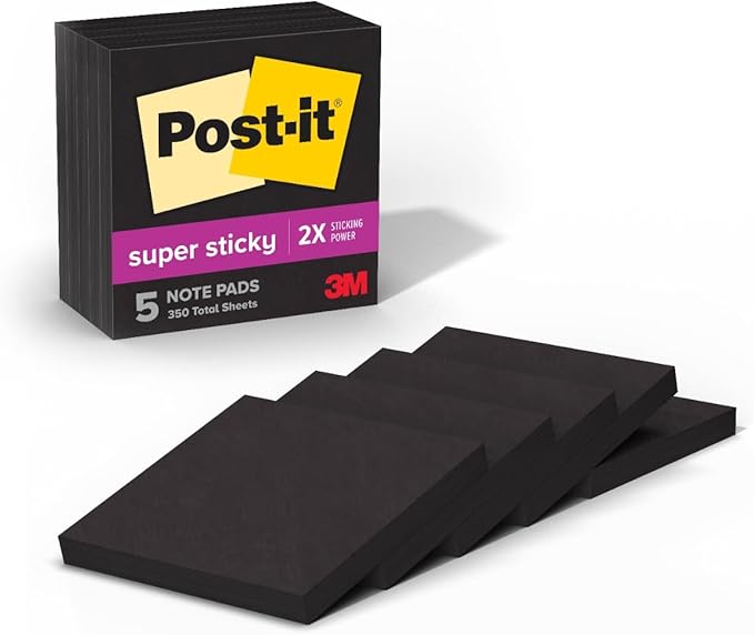 Post-it Super Sticky Notes, 5 Sticky Note Pads, 3 x 3 in., School Supplies, Office Products, Sticky Notes for Vertical Surfaces, Monitors, Walls and Windows, Black Onyx