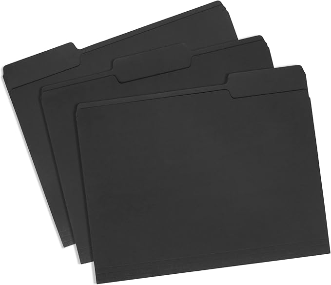 100 Blue Summit Supplies Black File Folders - Letter Size File Folders with 1/3 Cut Tabs, Durable 11pt Black Paper, Holds Letter Size Documents, Black Folder 100 Pack