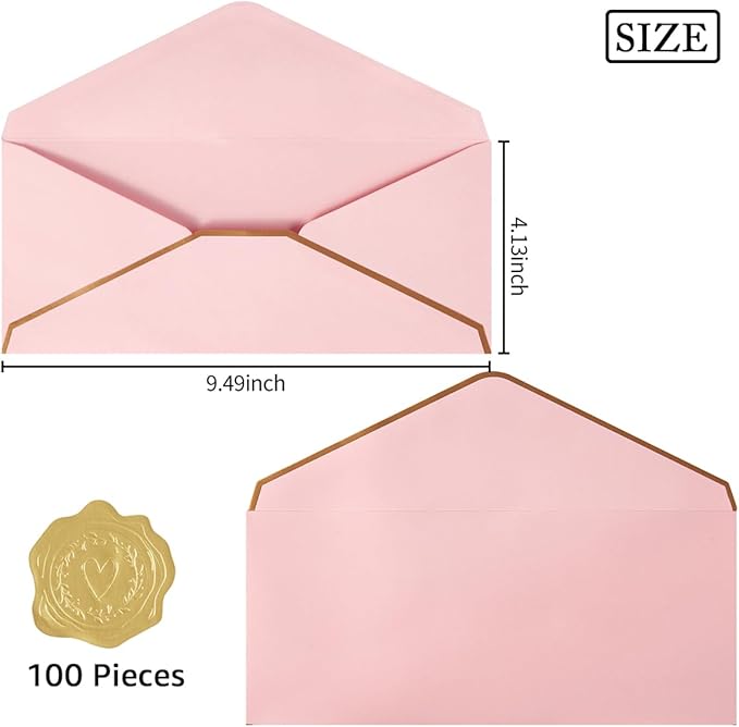 100 Pack #10 Business Envelopes with Gold Border, Self Seal Standard Envelopes with Gold Stickers for Office, Checks, Letter Mailing, Invoices, 4 1/8 x 9 1/2 Inches (Pink)