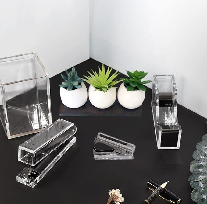 Acrylic Black Tape Dispenser Black Desktop Stapler, Acrylic Office Supplies Includes Staple Remover, Tape, 1000pcs Staples Desk Accessory Kit, Cute Office Stapler Set for Modern Design Office Desktop