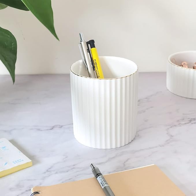 Pen Holder for Desk, Ceramic Pencil Cup Office Desk Organizer, Makeup Brush Holder, White
