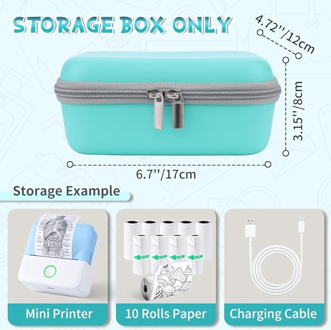 Carrying Case for Print Pods Mini Printer, Portable Mini Thermal Sticker Maker Travel Bag with Mesh Pocket, Bluetooth Label Printer Protective Storage Holder for Printing Paper & Accessories (Green)