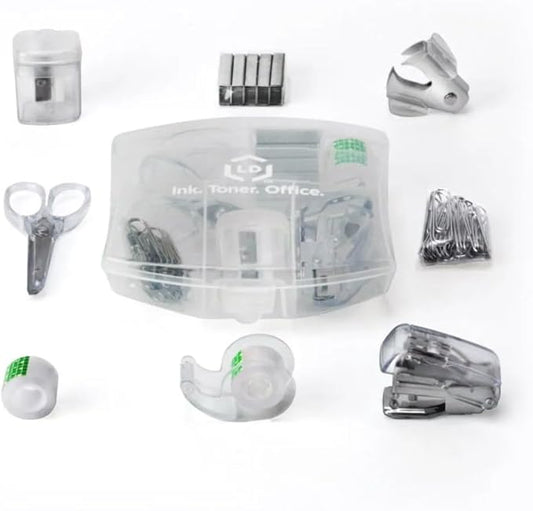 LD Products Clear Mini Office Supply Kit Portable Case with Scissors, Paper Clips, Tape Dispenser, Pencil Sharpener, Stapler & Staple Remover
