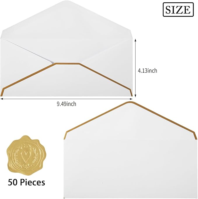 50 Pack #10 Business Envelopes with Gold Border, Self Seal Standard Envelopes with Gold Stickers for Office, Checks, Letter Mailing, Invoices, 4 1/8 x 9 1/2 Inches (White)