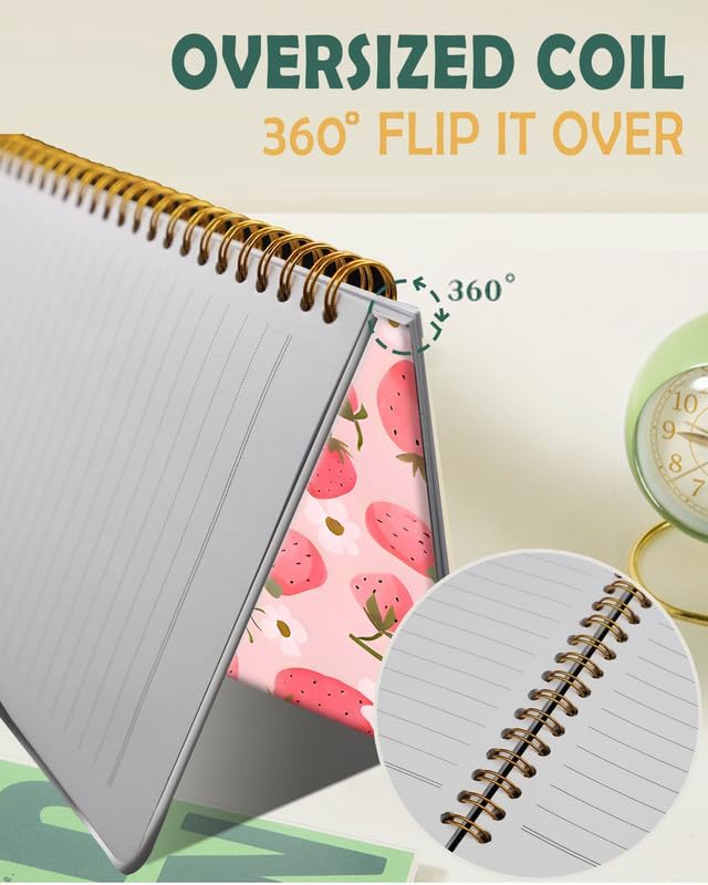 Ruled Spiral Writing Notebook,A5 Hardcover Lined College Journal for Women Lady Girl,Strong Twin-Wire Binding with Premium Paper,8.4" X 6",Perfect for School,Office,Home Gifts(Pink Strawberry)