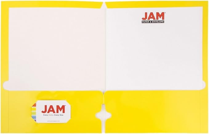 JAM PAPER Laminated Two Pocket Glossy 3 Hole Punch School Folders - Letter Size - High Gloss Yellow - Bulk 50/Box