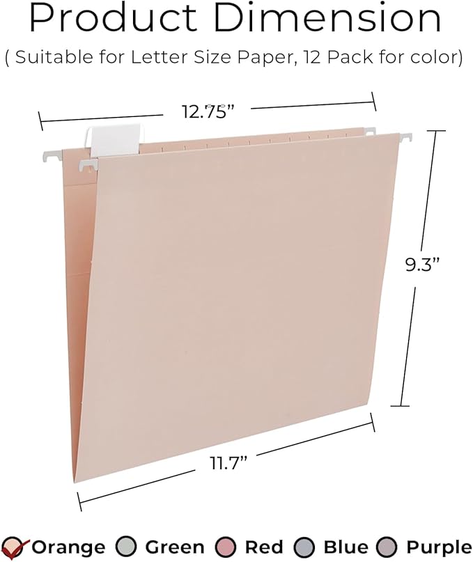 Y YOMA Letter Size - 12 Pack Colored Hanging File Folders Decorative Hanging Folder Cute Pretty File Folder for Filing Cabinet Office Home with 1/5-Cut Adjustable Tabs, Morandi Orange