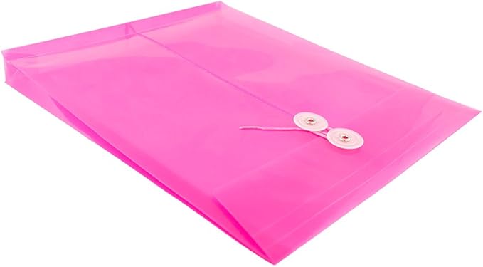 JAM PAPER Plastic Envelopes with Button & String Tie Closure - Letter Open End - 9 3/4 x 11 3/4 - Fuchsia - 12/Pack