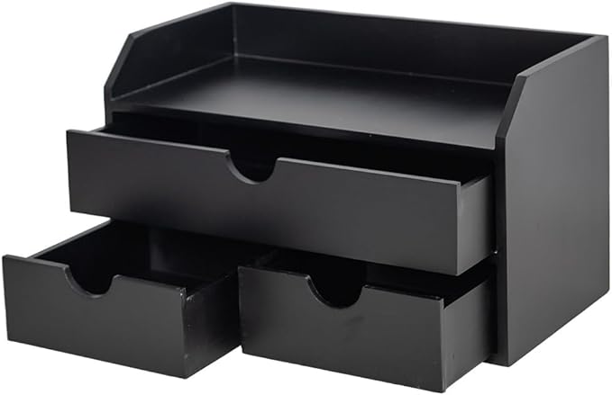 ROSE BLOOM Black Wood Desk Organizer with 3 Drawer, Mini Cute Cabinet with Storage Shelf for Tabletop, Small Desktop Box Organizer for Cosmetic Office Supplies