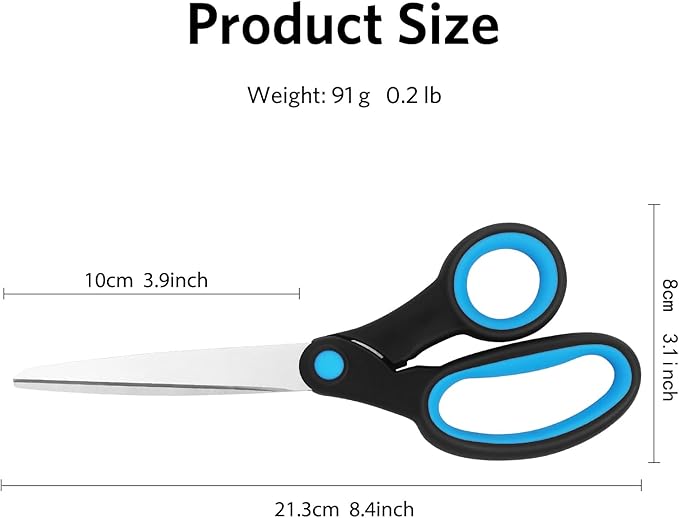 Left-Handed Scissors, 2 Pieces 8-Inch Stainless Steel Scissors Set with Soft Grip for Home, School, Office, Sewing Fabrics, Blue