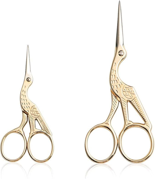 Embroidery Scissors, Stork Scissors for Sewing, Craft, Art Work & Everyday Use, Stainless Steel, 2Pcs, 4.6 inch and 3.7 inch, Gold