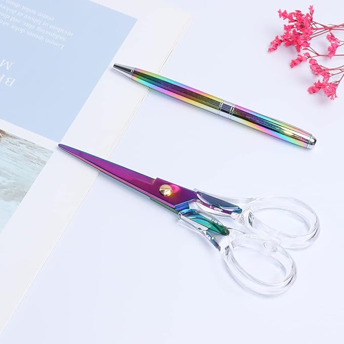 Gold Scissors, Stainless Steel Blade with Acrylic Handle, All Purpose Scissor for Office, School, Home, Fabric Shears, Tijeras (6.3" Rainbow)