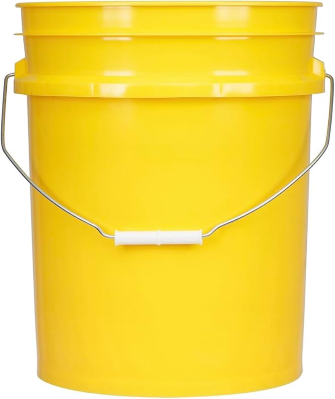 House Naturals 5 Gallon Plastic Yellow Food Grade BPA Free Made in USA Bucket Pail with Air Tight Double Gasket Screw on Lid(Pack of 3) (Yellow and Clear lids)
