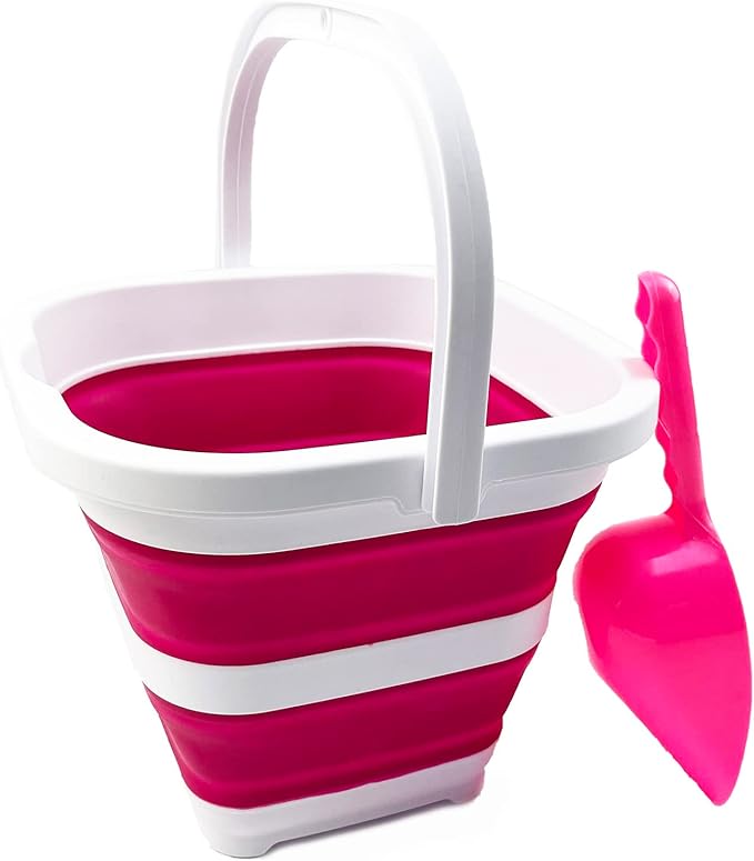 SAMMART Collapsible Rectangular Cleaning Bucket 5L (1.3 Gallon)- Foldable Camping Beach Sand Water Pot Pail- Portable Space Saving Tub for Household, Outdoor Car Washing (White/Flamingo)