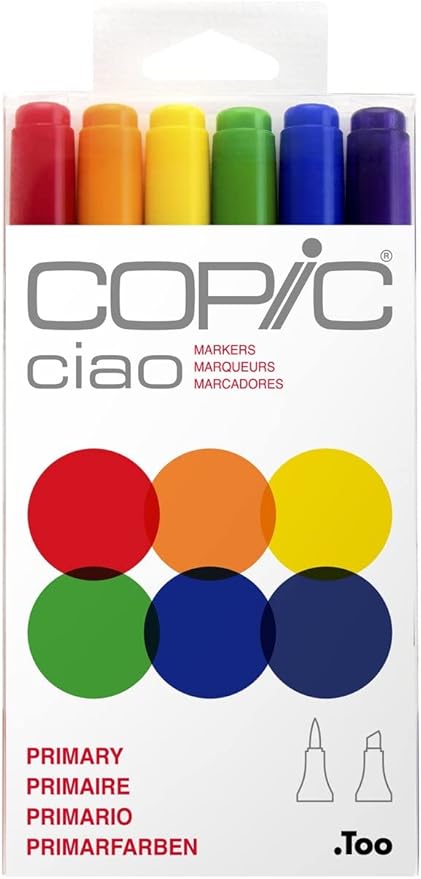Copic Ciao, Alcohol Markers, 6 Colors Dual Brush Tip Art Marker for Adults/Teen Artists & Creators, Permanent Blendable Sketch Markers for Coloring Drawing & Illustration Art - Primary Color Set