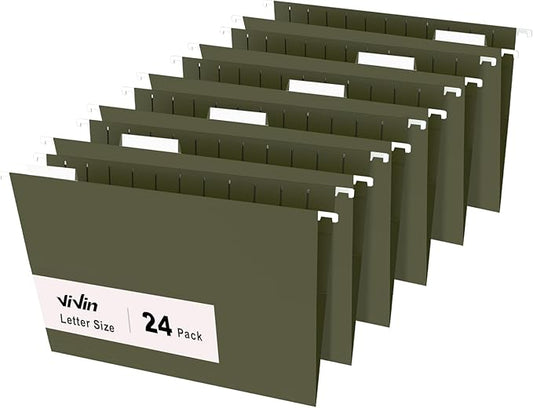 ViVin Hanging File Folders, 1/5-Cut Adjustable Tabs with 24 Per Box, 24 Pack Letter Size Hanging File Folders, Designed for Office Home School Filing Cabinet(Green)