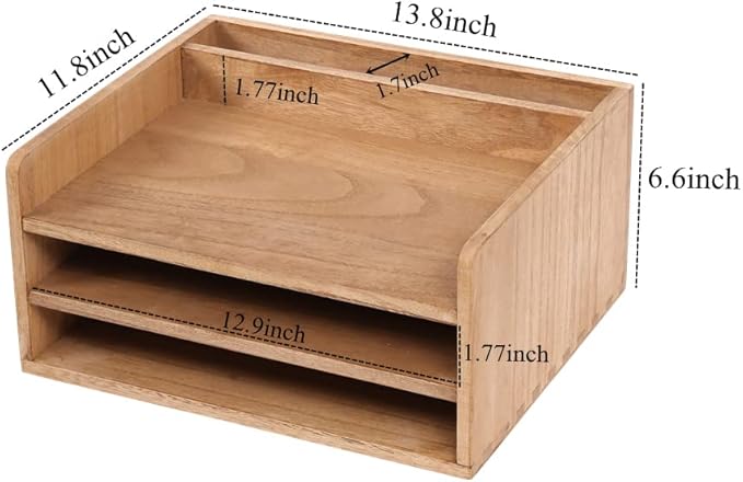 3 Tier Desktop Letter Tray for Office Desk Organizer and Accessories - Wood File Folder Holder for Paper Document Organizer Mail Sorter Workspace Counter Storage Book Shelf Light WJJ3K-LT