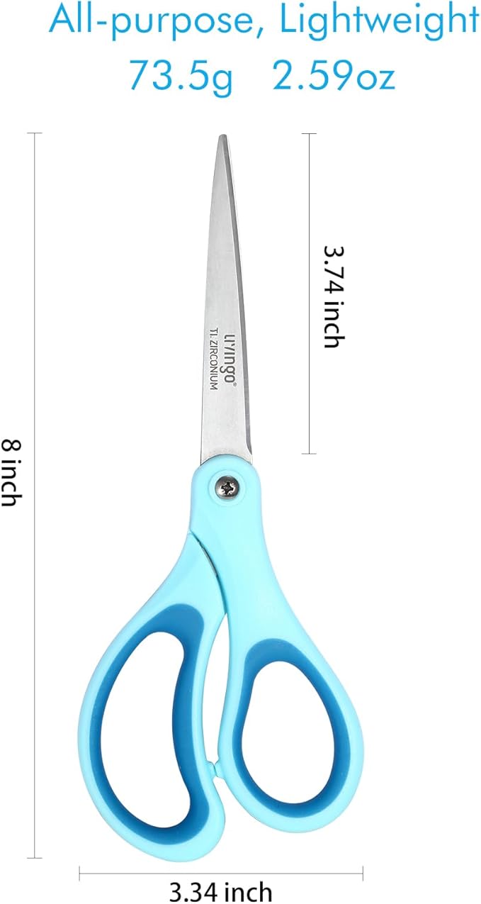 LIVINGO 3 Pack 8" Sharp Scissors All Purpose - Titanium Coated Stainless Steel Blades for Office, School & Home Crafting Cutting Fabric, Paper - Sky Blue & Dusty Pink & Beige