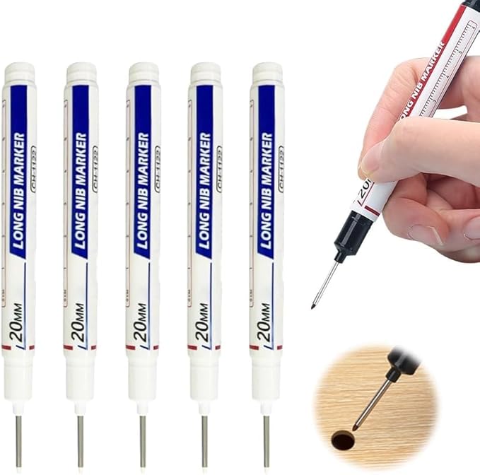 5PCS Long Head Deep Hole Marker Pens, 20mm Deep Reach Long Nose Markers, 45mm Permanent Markers Carpenter Ink Marker Pens, Waterproof Construction Markers Marking Tool, Metal Marking Pen (White)