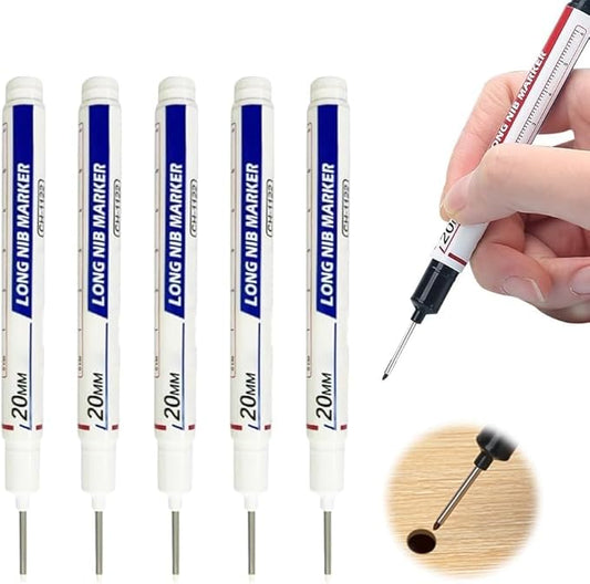 5PCS Long Head Deep Hole Marker Pens, 20mm Deep Reach Long Nose Markers, 45mm Permanent Markers Carpenter Ink Marker Pens, Waterproof Construction Markers Marking Tool, Metal Marking Pen (White)