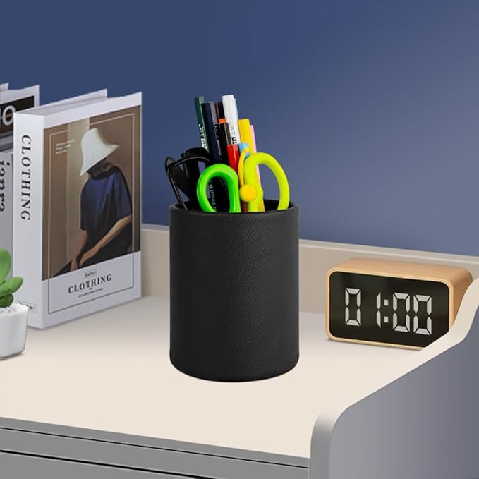 CXLE Pencil Holder Desk Organizer, PU Leather Pen Holder for Desk Decor Organizer Cosmetics Brush Holder for Teachers Students Storage Box Office Classroom(Black)