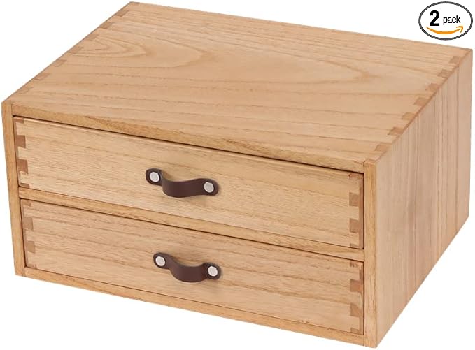 Wooden Desk Organizer with 2 Drawers - Desktop Storage Drawers for Office Supplies File Paper Storage - Wood Chest/Small Cabinets for Jewelry Dresser Kitchen Counter (FAX2C-LT）