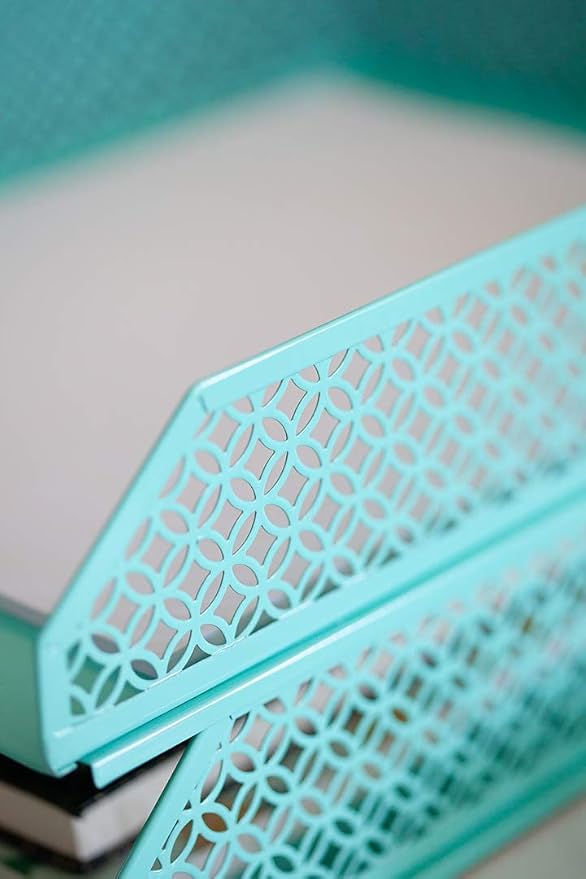 BLU MONACO Aqua Desk Organizer Set for Women – 6-Piece Interlocking Office Supplies Set, Pen Cup, 3 Accessory Trays & 2 Letter Trays, Rose Gold Paper Tray Holder