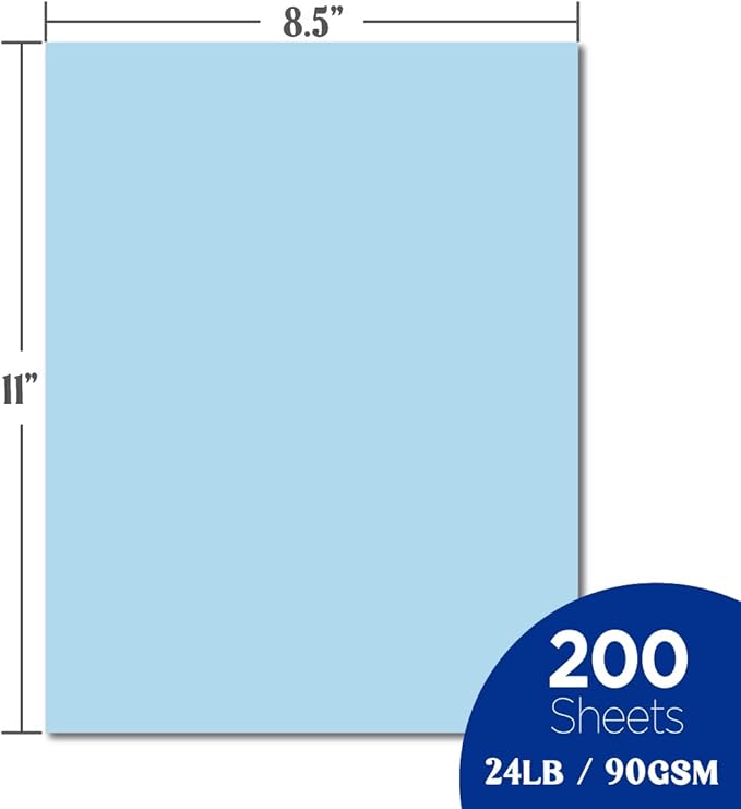 Veritas Color Copy Paper,Multi-Purpose paper,Colored Printer Paper 8.5” x 11”, 24 lb / 90 GSM,Blue,200 Sheets (1 Reams)，Made in USA